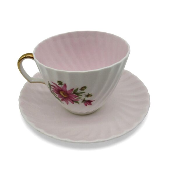 ADDERLEY H12591 Pink Floral Teacup & Saucer Bone China Gold Trim England Vintage - Picture 5 of 11